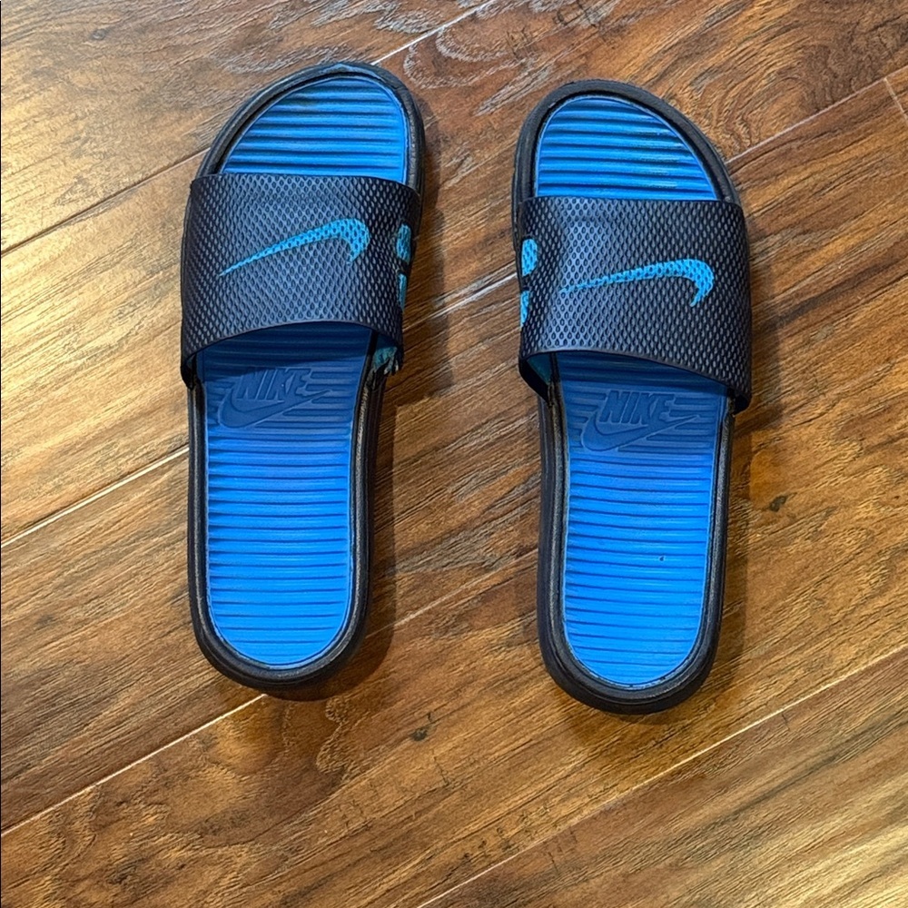 Nike Black and Blue Slide Sandals